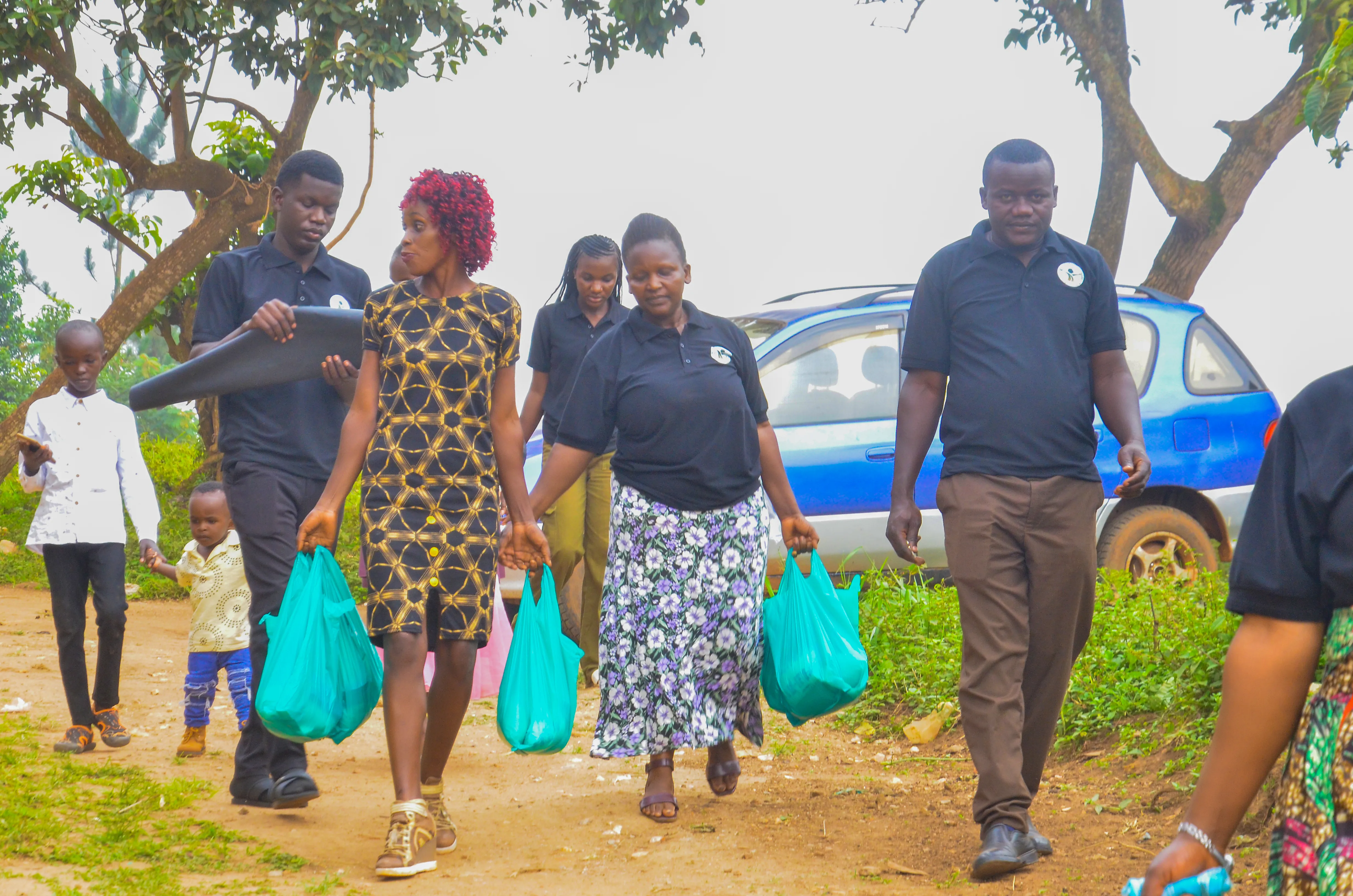 Volunteers walking with families